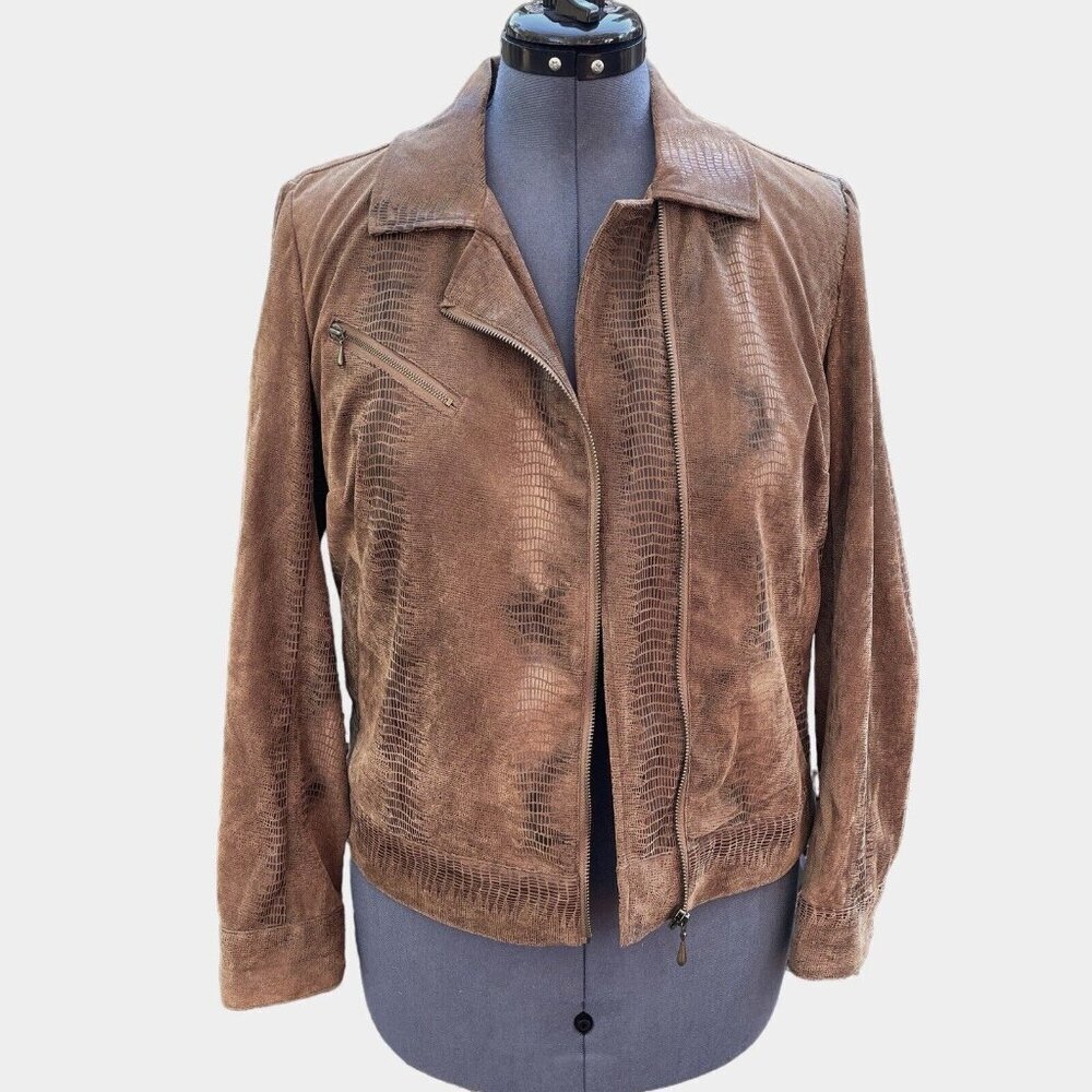 BIRCH HILL Snakeskin Moto Trucker Jacket Women Medium Brown Multi Faux‎ Suede - Picture 3 of 14